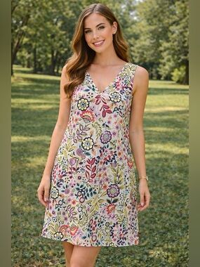 J. Jill Love Linen Folk Floral Sleeveless V-Neck Dress With Pockets- L Petite